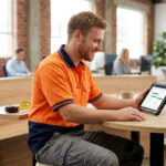 An Australian tradie using a smartphone on a construction site to manage his business with AI tools