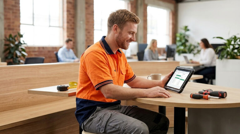 An Australian tradie using a smartphone on a construction site to manage his business with AI tools
